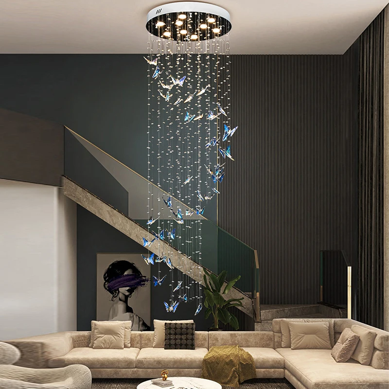 Imagem -03 - Brilhante Borboleta Cristal Escada Luzes Pingente Grande Led Lâmpadas de Teto para Sala de Estar Escada Decoração Moderna Decoração Romântica