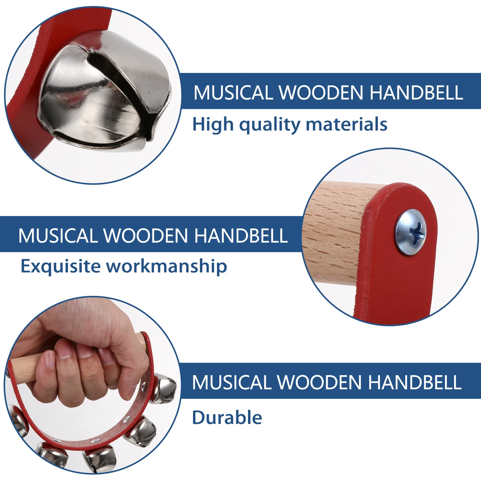 

5Pcs Shaking Wooden Sleigh Bells Hand Bell Christmas Handle Musical Instrument Kids Rattles Xmas School Festival Sound