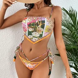 Bañador Tankini Vintage Y2k para mujer y niña, traje de baño con estampado Floral y cordones, traje de baño informal Hawaiano para playa