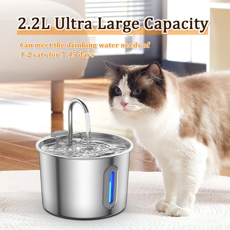

Cat Fountain 2.2L Capacity Stainless Steel Cat Water Dispenser Silent Water Pump Visible Water Level Window Cat Water Founta