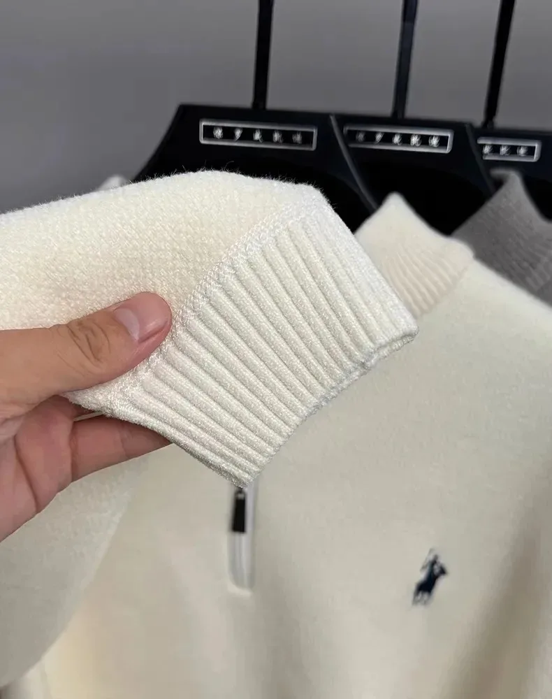 High-End-Markenpullover mit Reißverschluss und Stehkragen für Herren lässige Mode klassische Paul-Stickerei Winter neuer warmer Strickpullover aus Plüsch – Detail 7