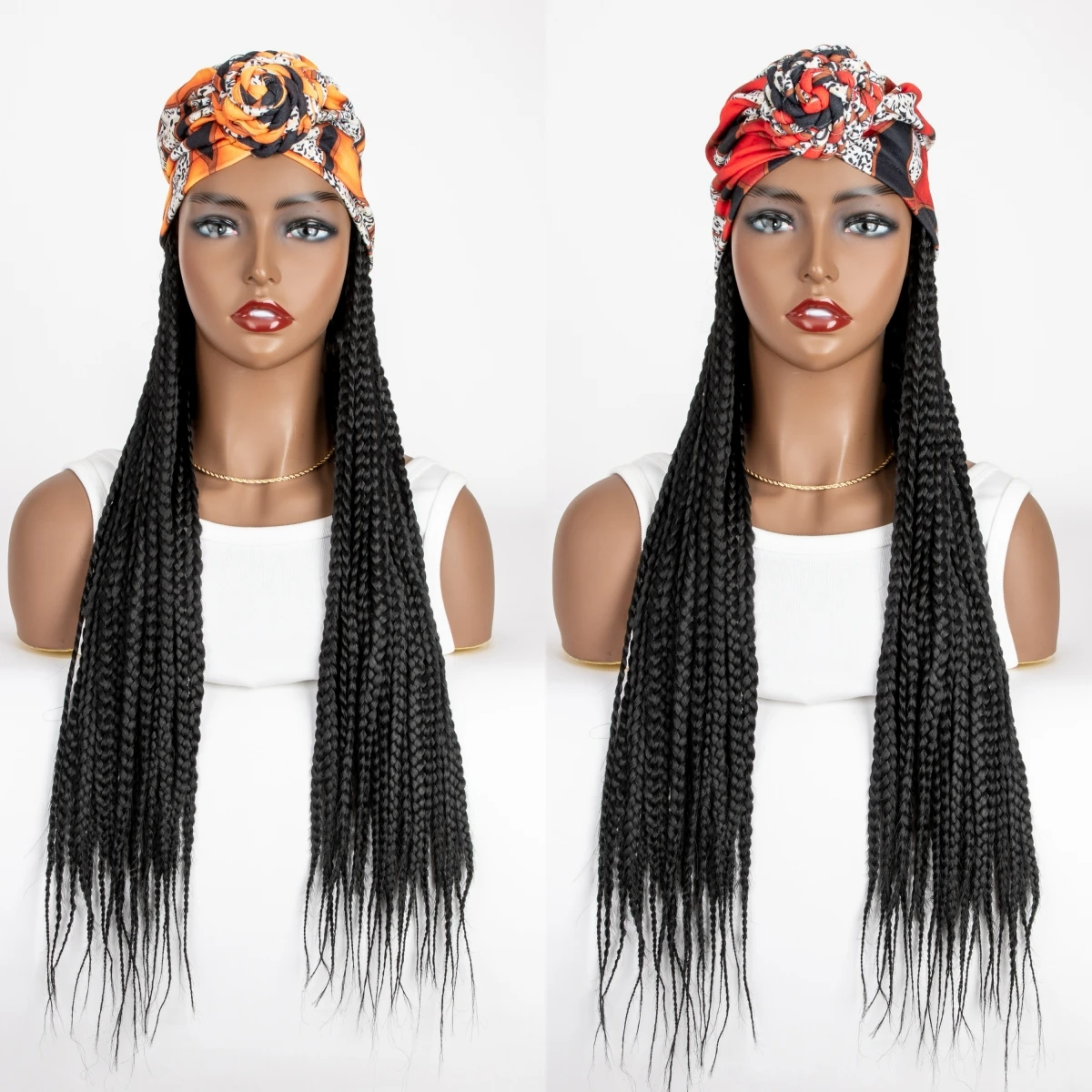 WIGERA Long Orange Headband Braided Synthetic Wig With Turban Hat Black Box Braiding Hair Extensions Head Scarf Easy Hairstyle