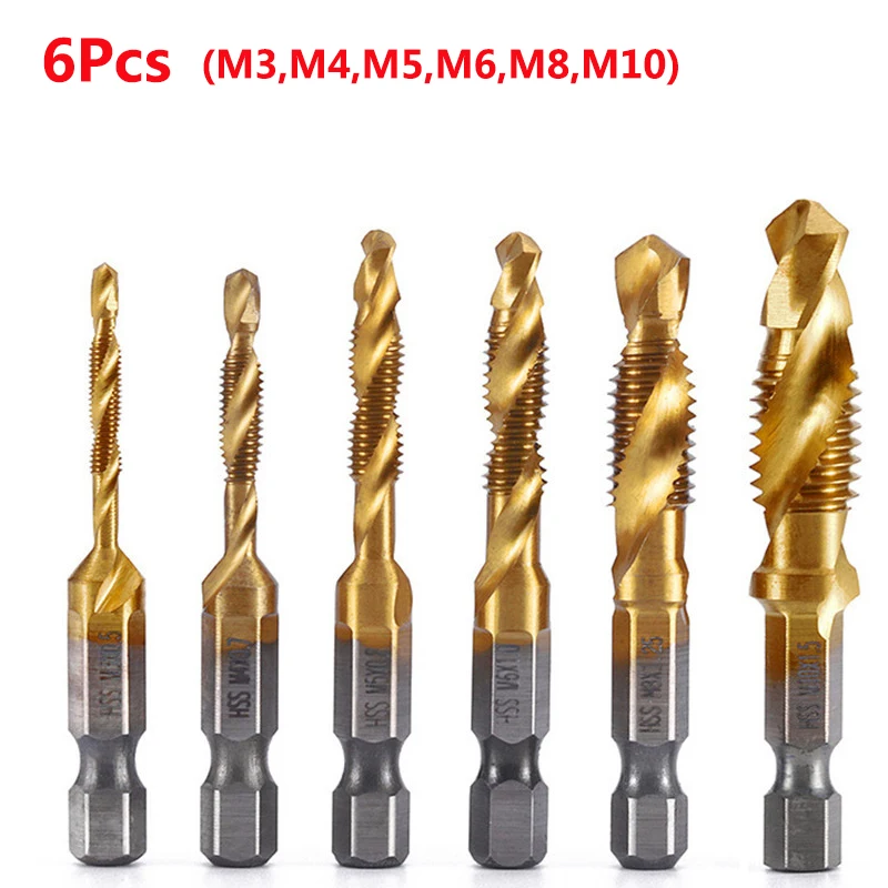 Hex Shank Titanium Plated HSS Schroefdraad Metrische Tap Boren Schroef Machine Compound Tap M3 M4 M5 M6 M8 M10 Handgereedschap