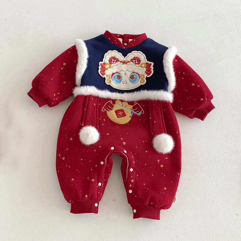 Chinese Traditional New Year Baby Girl Romper Embroidery Velvet Warm Winter Infant Boutique Clothing Christmas Baby Boy Jumpsuit