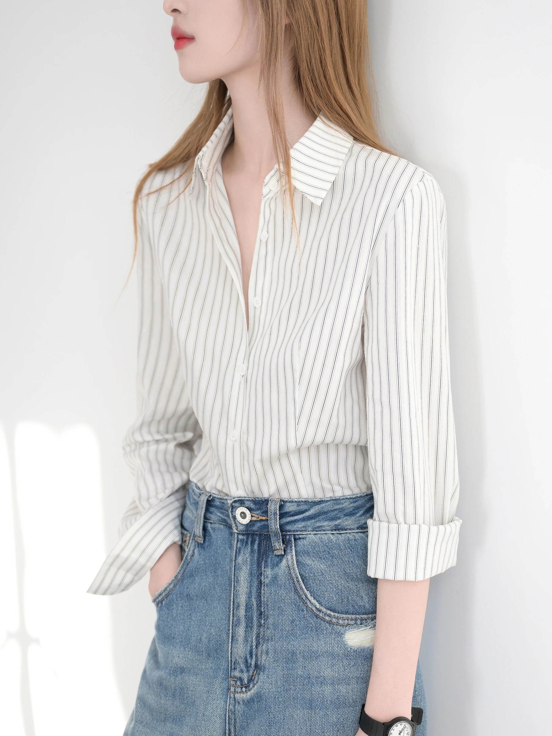 

Женская приталенная рубашка TRR с длинным рукавом из чистого хлопка, в полоску, в офисном стиле, модная, для работы, молочно-белая, с вертикальными полосками