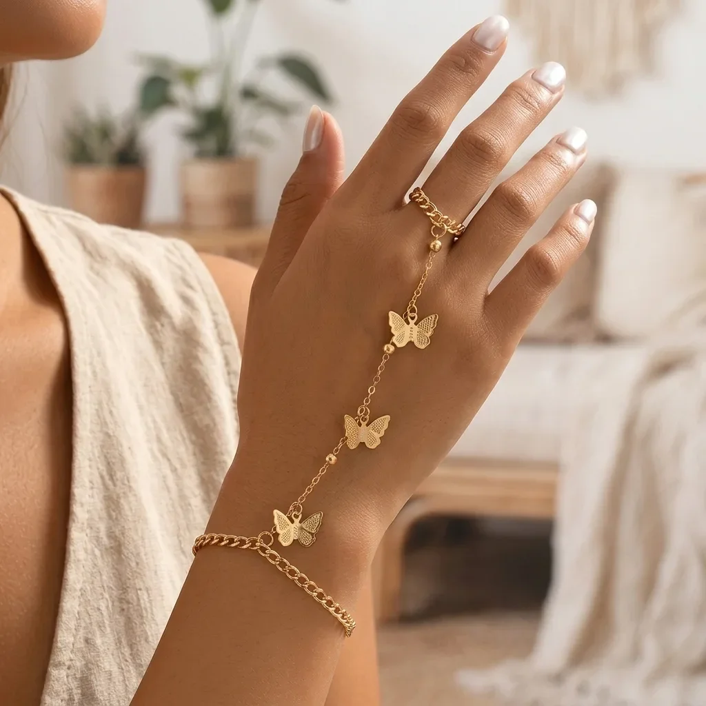 Gold Three Butterfly Hand Chain Connected Ring Bracelet Vintage Hollow Butterfly Finger Ring Wrist Chain Integrated Hand Jewelry for Women
