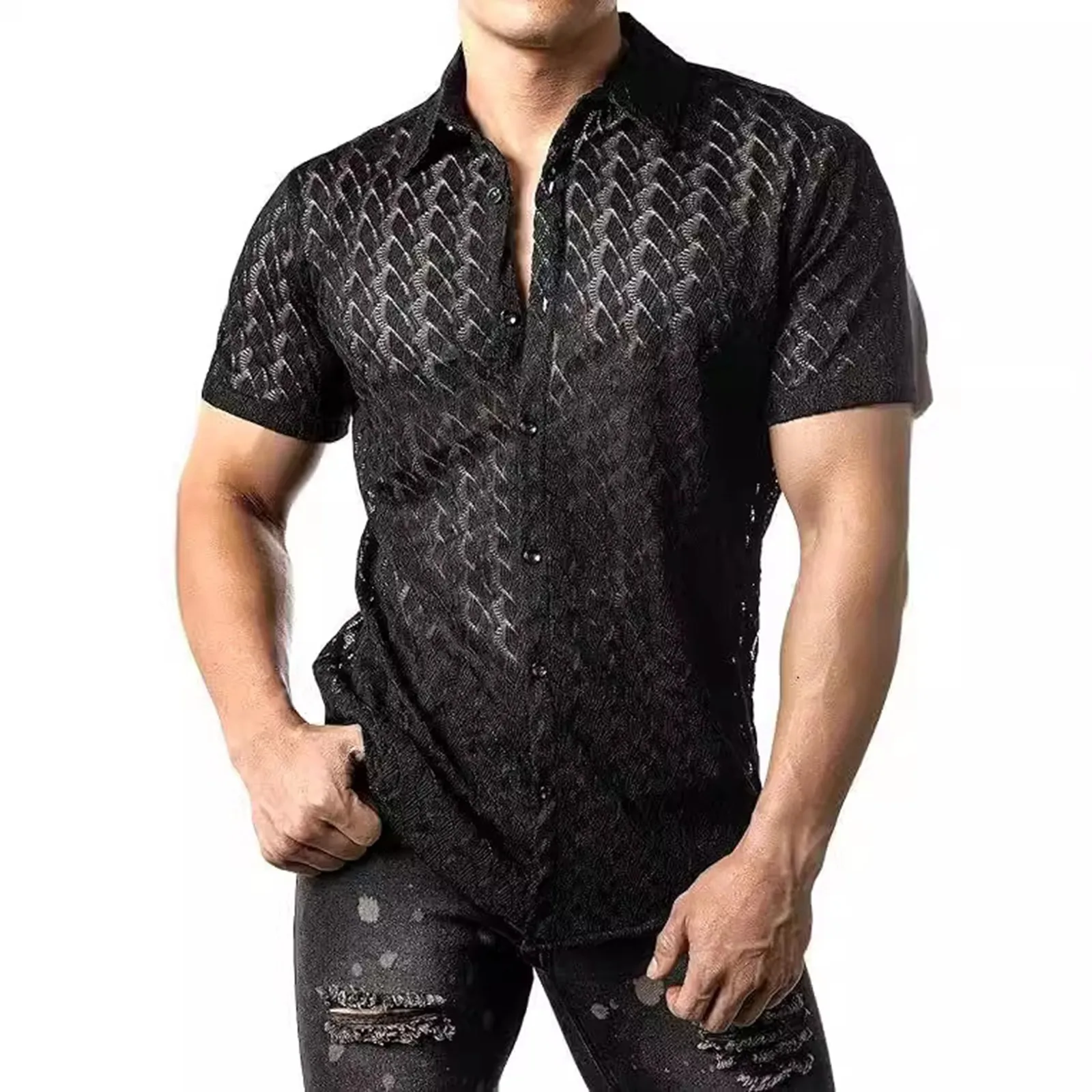 

Casual Shirts For Man New Men Rose Floral Mesh Sheer Button Short-Sleeved Shirt Men'S Clothing Solid Color Polo Shirt 반팔와이셔츠 남성