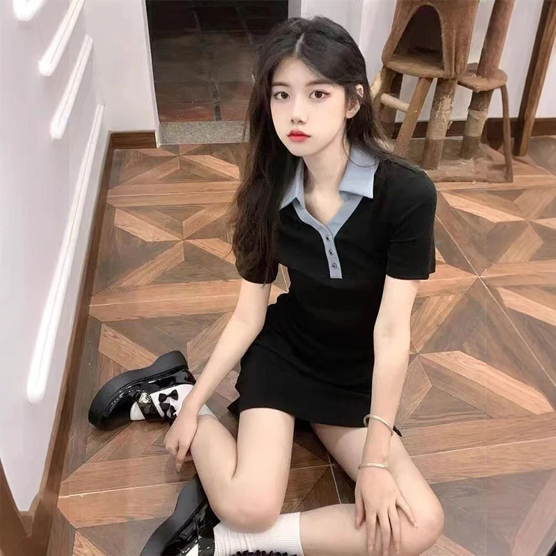 Summer New Contrast Color French Lapel Dress Female A-line Slit Skirt Fashionable Women's Short Skirt