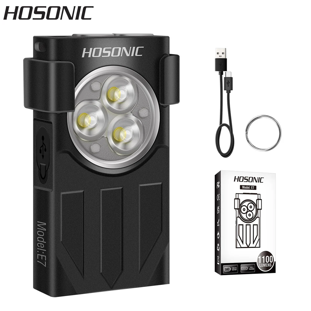 HOSONIC E7 LED EDC Keychain Flashlight Type-C Rechargeable Portable Work Light Mini Torch with Clip UV Camping Pocket Lantern