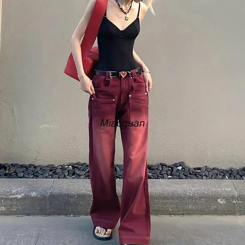 

Boyfriend Style Streetwear Jeans Women's Designer Denim Trousers High Waist Vintage Washed Distressed Wide Leg Mopping Red Pants