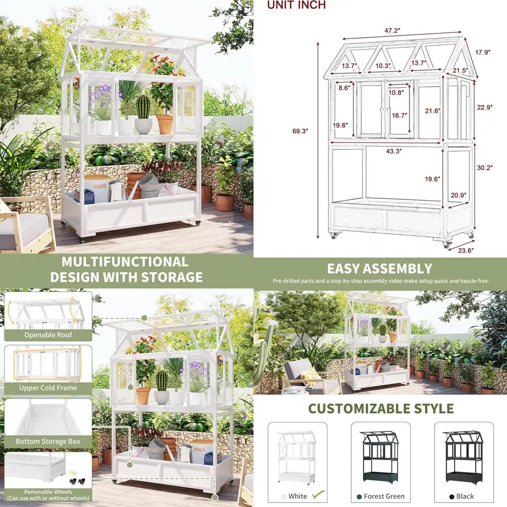 

Портативная мини-теплица с колесами, хранилищем, регулируемой крышей и полкой 110 фунтов зеленого цвета.