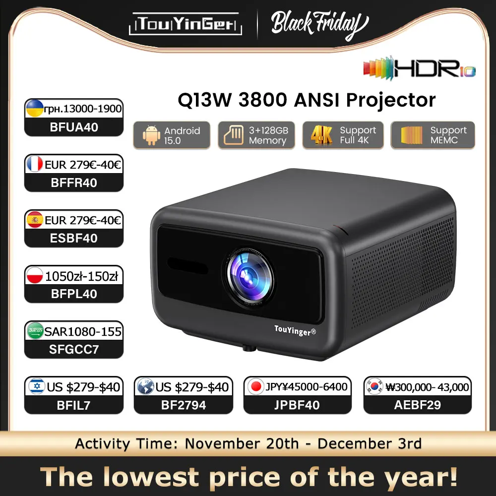 Touyinger Q13W 3800ANSI Decodificatore Full HD 4K Android 15 Supporto MEMC Smart TV Home Theater Proiettore ottico completamente sigillato