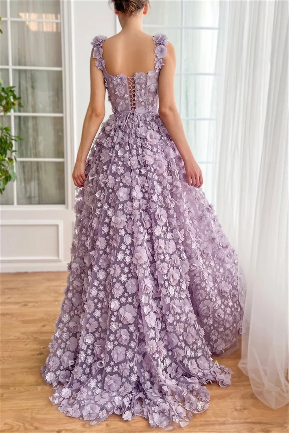 Luxury High Purple 3D Flowers Party Dresses Spaghetti Strap vestidos de fiesta Elegant Sleeveless Side Split فساتين سهرة 2024