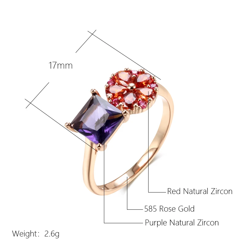 Kinel Hot Square Purple Natural Zircon Ring For Women 585 Rose Gold Color Flower Jewelry Fine Daily Accessories