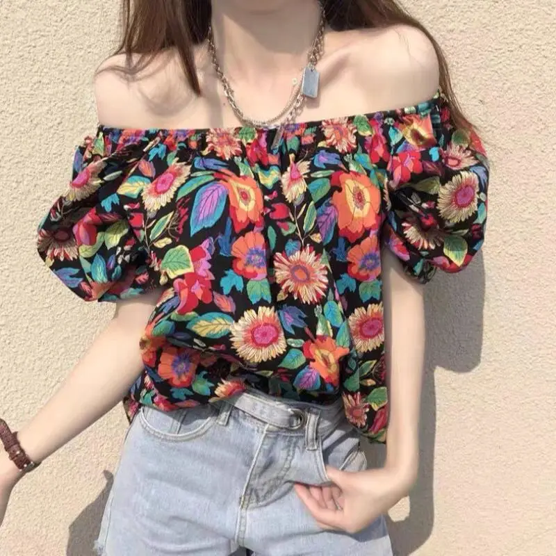 

Summer New Vintage Floral Shirt Tops Short Sleeve Printing Off Shoulder Loose Short Sexy Blouse Sweet Fashion Women Clothing