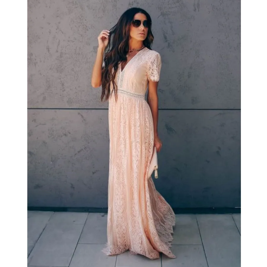 

【Новый стиль】Новая летняя коллекция 2020 года: европейская и американская женская одежда, комбинезон с V-образным вырезом, короткими рукавами, ажурный, сексуальный, кружевной, длинное платье.