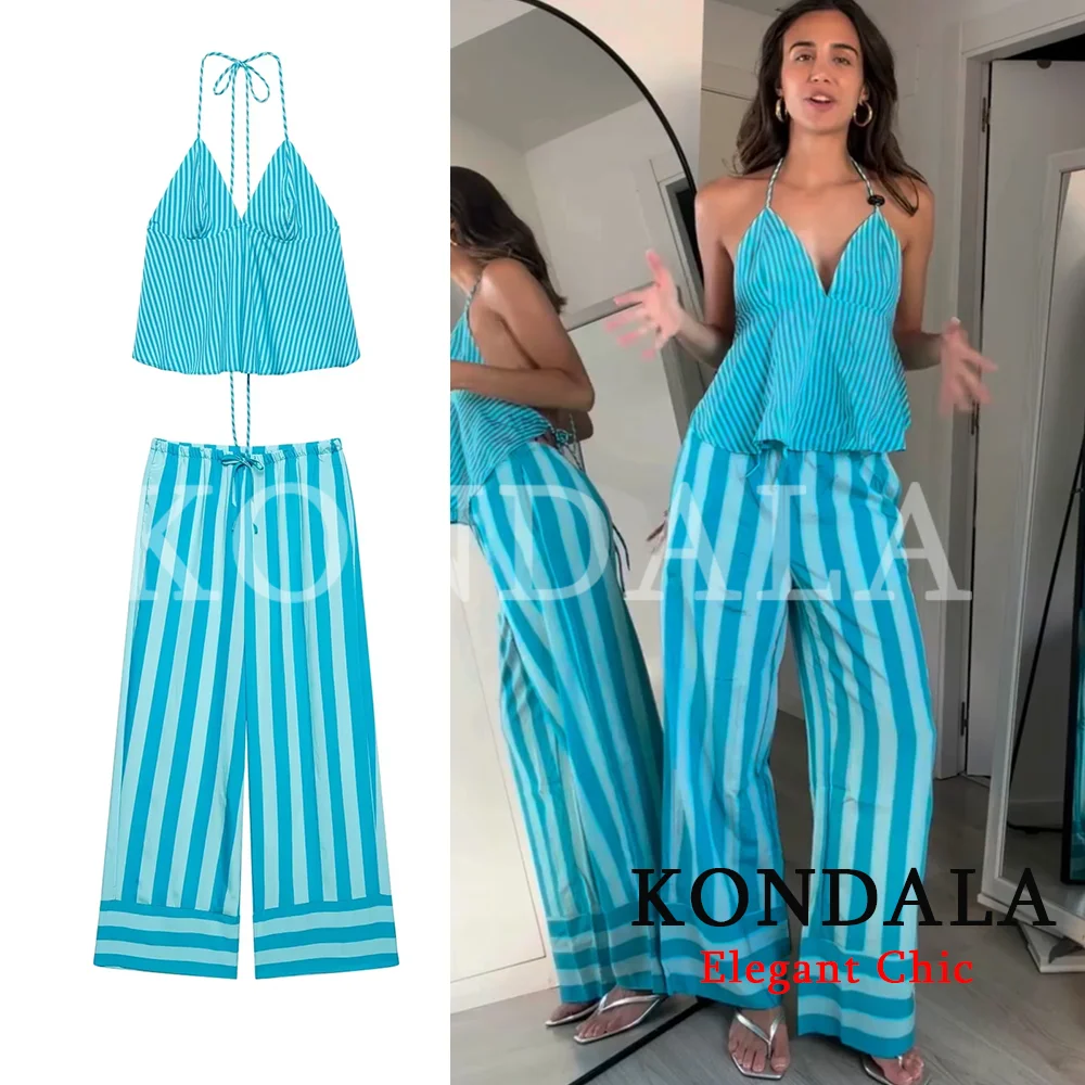 KONDALA Women Trendy Holiday Striped Pants Set Halter Tops Elastic Pants 2026 Summer Fall Fashion Party Beach Y2K Lady Pants Set