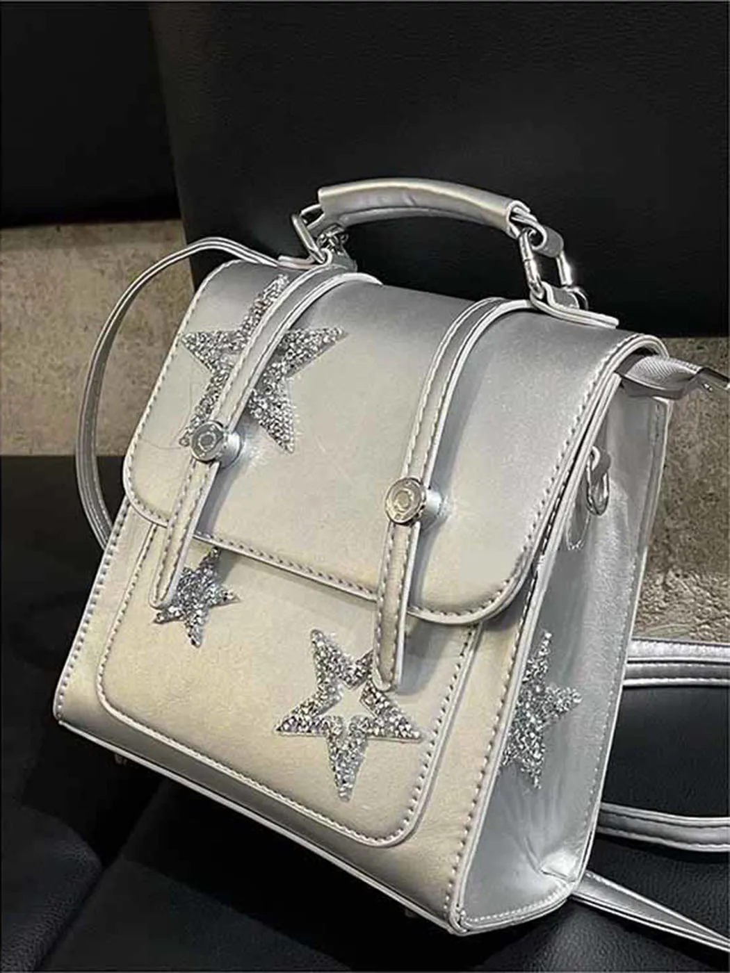 JIAERDI Star Silver Backpack Women 2023 New Harajuku Shine Leather Cute Y2k Mochila Female Vintage Fairycore Backpacks Aesthetic