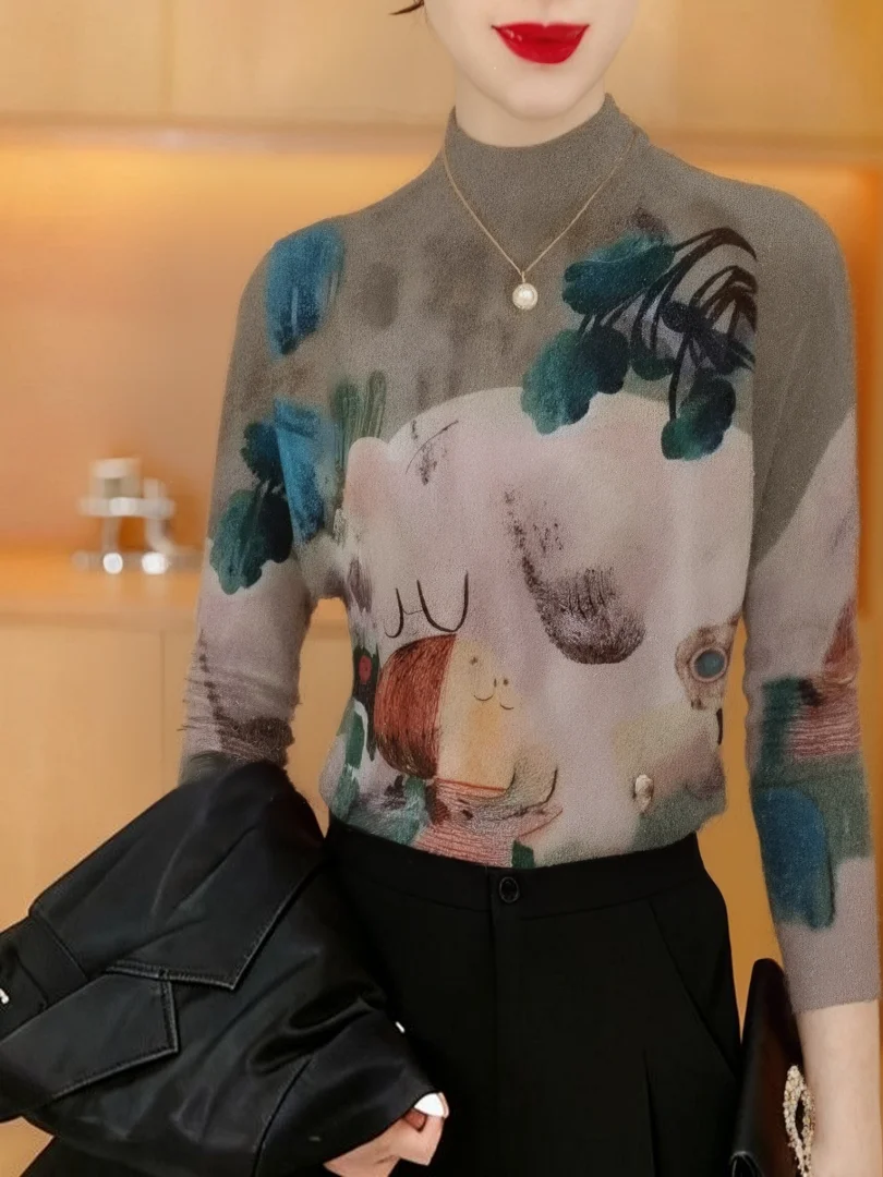 

Thickened Fleece Long Sleeve T-Shirt for Middle-Aged Women Warm Printed Half-High Collar Slimming Top Mommy Wear Polyester Fiber