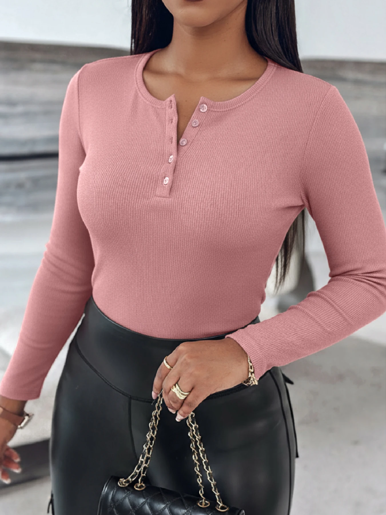 Women Henley Long Sleeve Top Ribbed Knit Button Detail Slim Fitted Basic Tees Casual Daily Layering Blouse