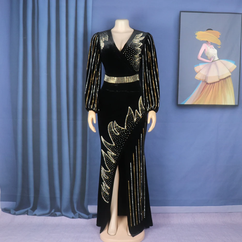 Fashion quality gold velvet studded fishtail dress V-neck long sleeve luxury evening gown