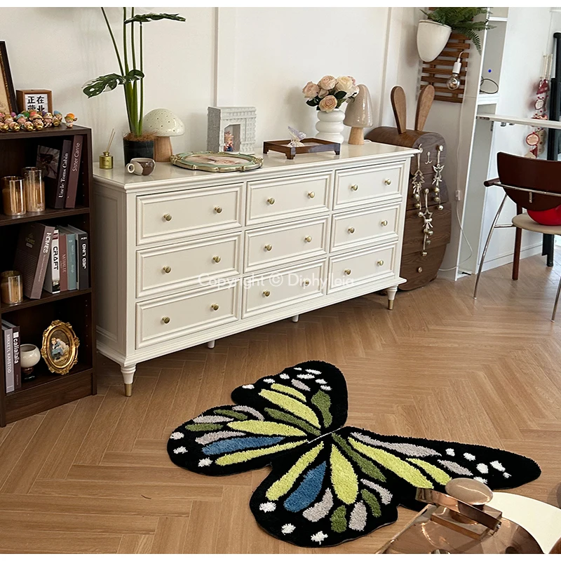 Diphylleia French Shabby Chic Lake Blue Yellow Swallowtail Butterfly Shaped Carpet Light Luxury Area Rugs For Bedside Cloakroom