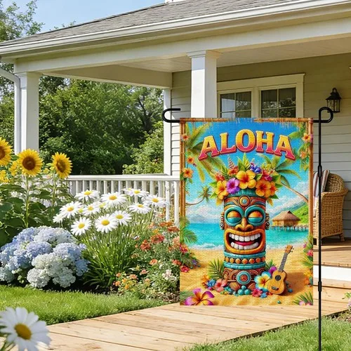 Tropical Tiki Aloha Beach Garden Flag Burlap Palm Trees Ocean Hut, 12x18 XXQ