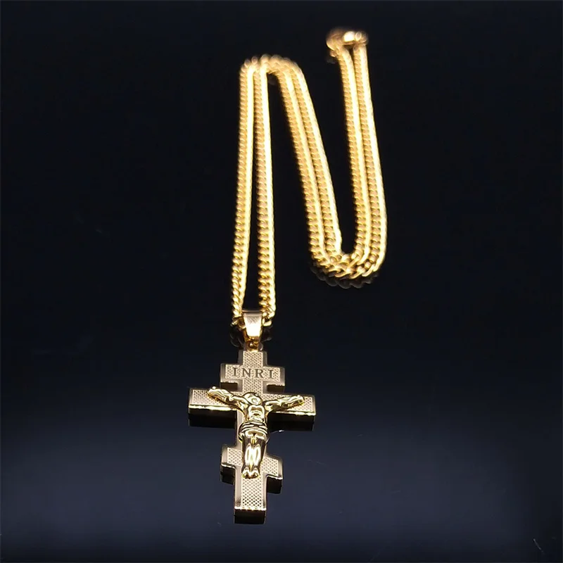 Christian Orthodox Church Cross Necklace For Women Men Stainless Steel Gold Color Religious Chain Jewelry Gift collares N6596