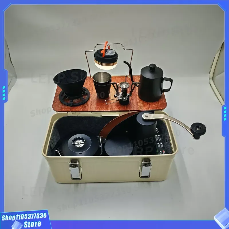 Portable Metal Coffee Storage Box With Wooden Tray Large Capacity Organizer Kit For Outdoor Camping Picnic Travel Essentials