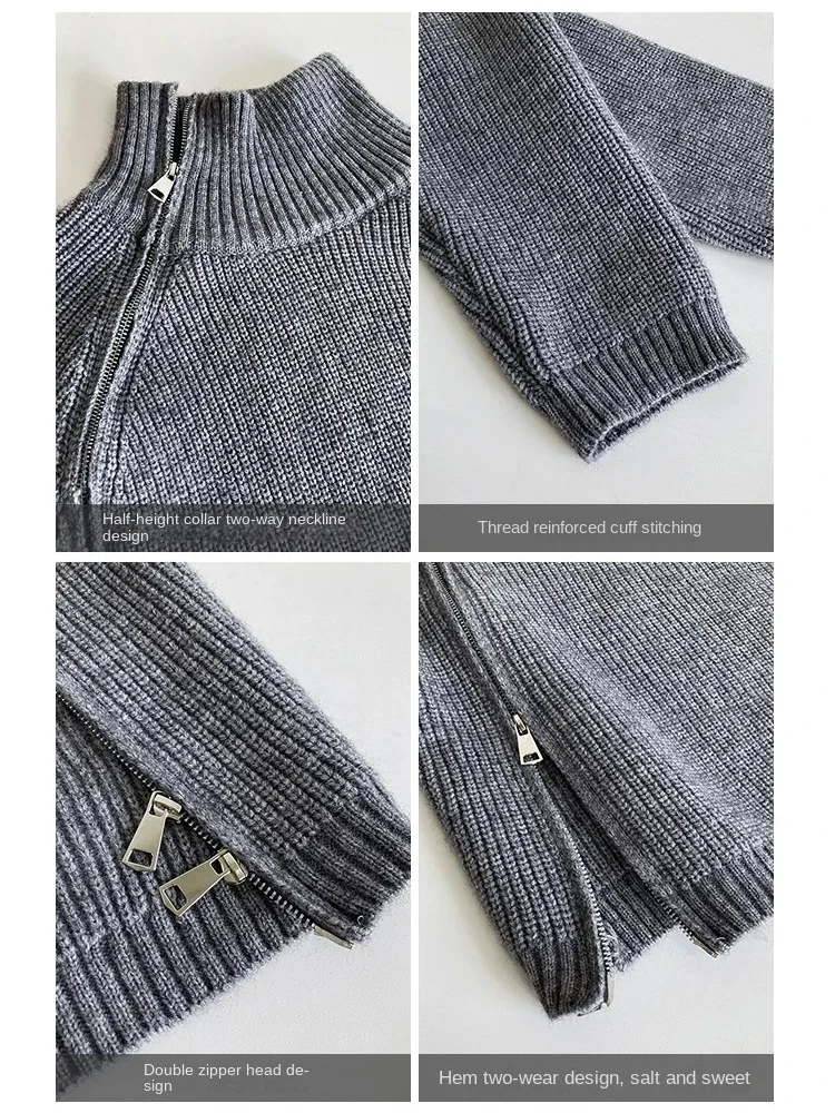 Double Zipper Grey Turtleneck Fashion Loose Fit Casual Long Women Sweater Woman Simplicity Oversize Retro White Pullover Women