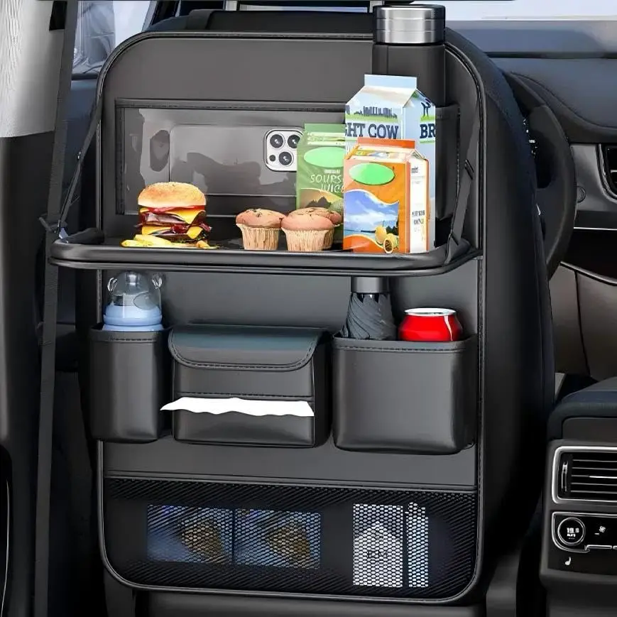 Multifunctional Car Backseat Organizer with Foldable Tray Table PU Leather Back Seat Storage Bag with iPad Holder Cup Holders