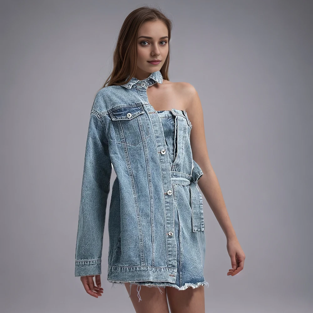 Asymetryczna patchworkowa koronkowa mini sukienka dżinsowa dla kobiet z klapami na jedno ramię z rękawami Casual A Line Dresses Female New