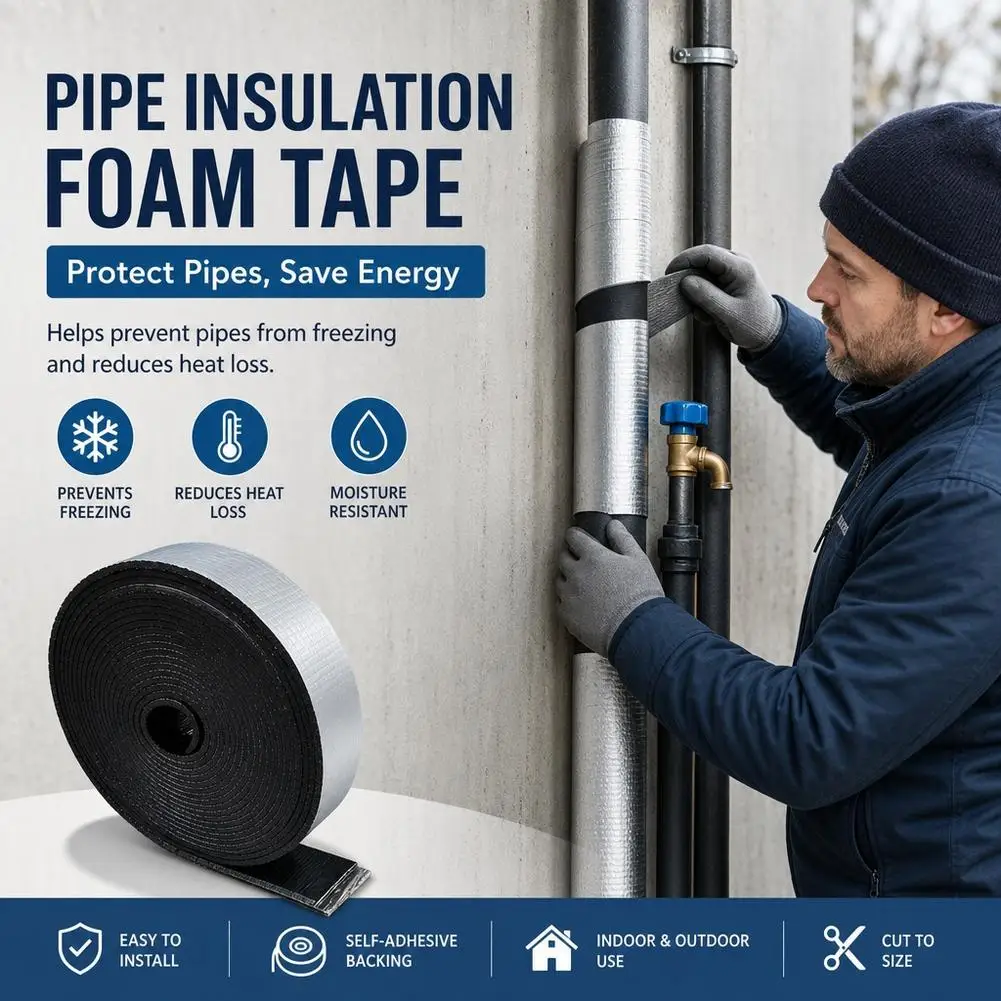 10m Water Pipe Insulation Foam Roll Tape Strong Self-adhesive Winter Antifreeze Protection Foam Foil Water Pipe Wraps Sleeve