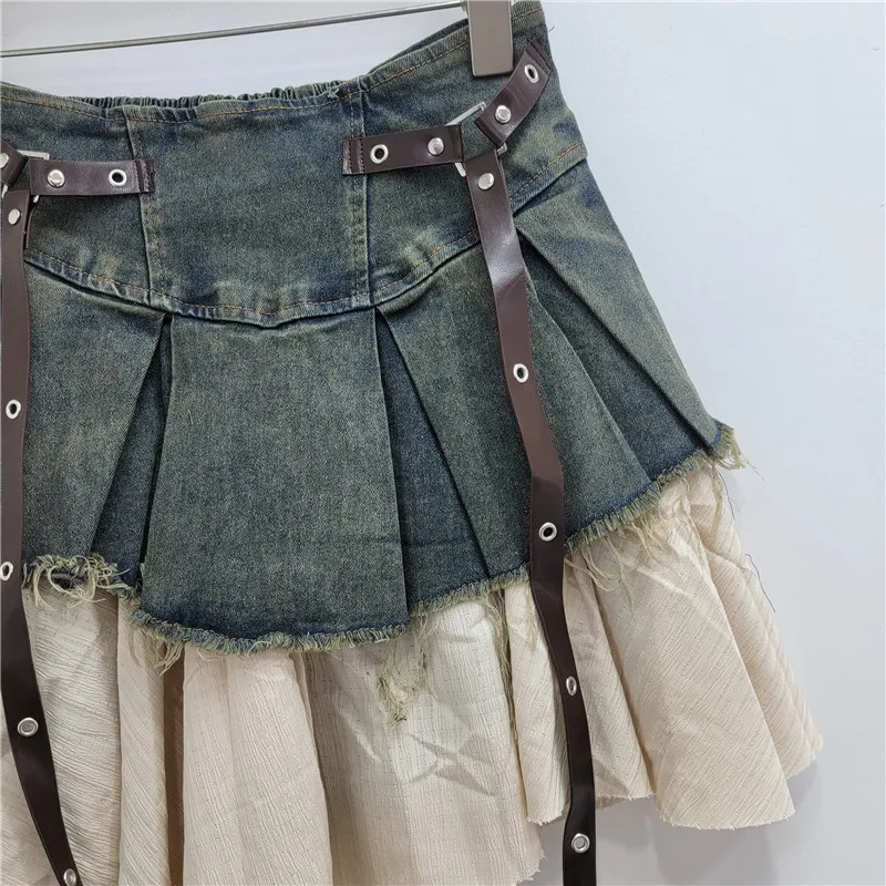Sexy Short Skirt for Women Splicing Fashionable Denim Pleated Dress in Autumn 2025 New High Waist Slimming A-line Y2k Dresses