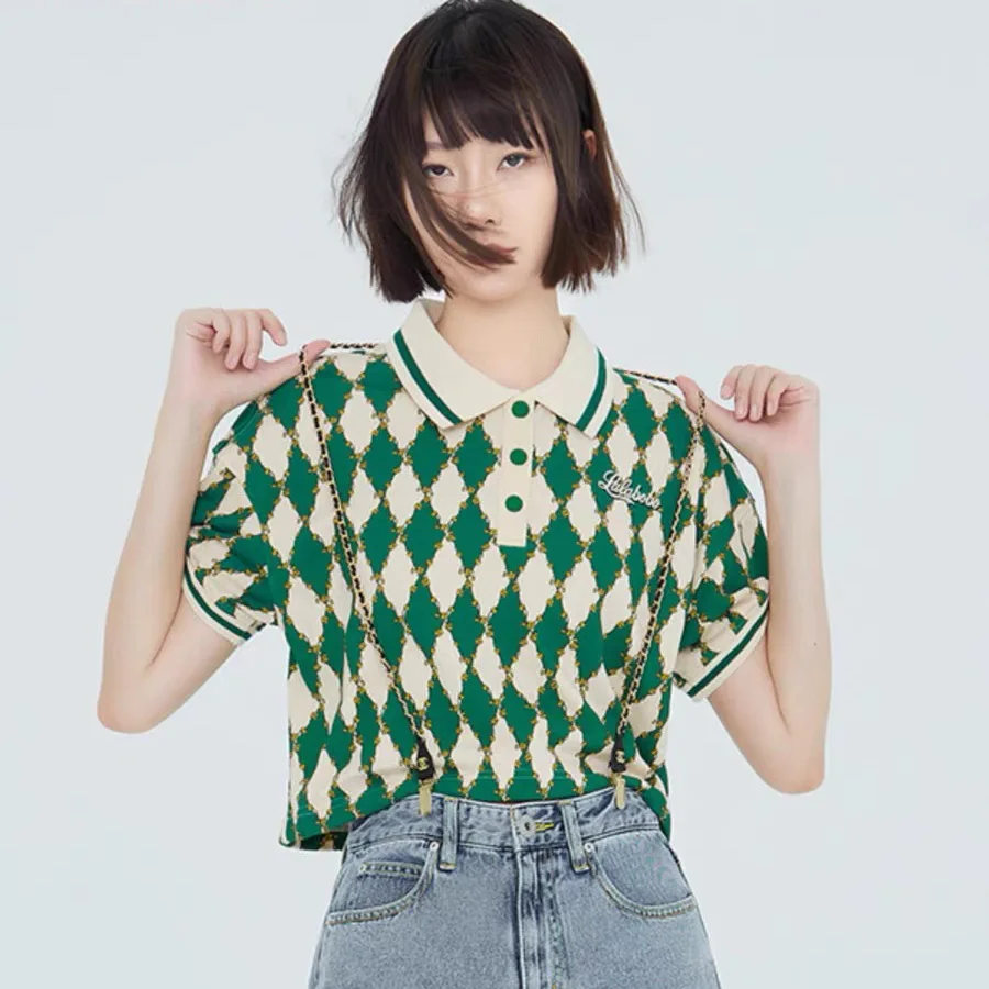 

Retro Cat Embroidery Argyle Sweater Women Knit T-shirts Pullovers Streetwear Fashion Crop Tops 2024 Summer Short Sleeve Jumper