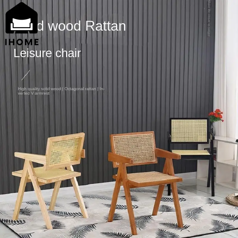 

IHOME Nordic Solid Wood Rattan Chair Simple Armchair Dining Chair Chandigarh Chair Restaurant B&B Leisure Rattan Chair K Chair