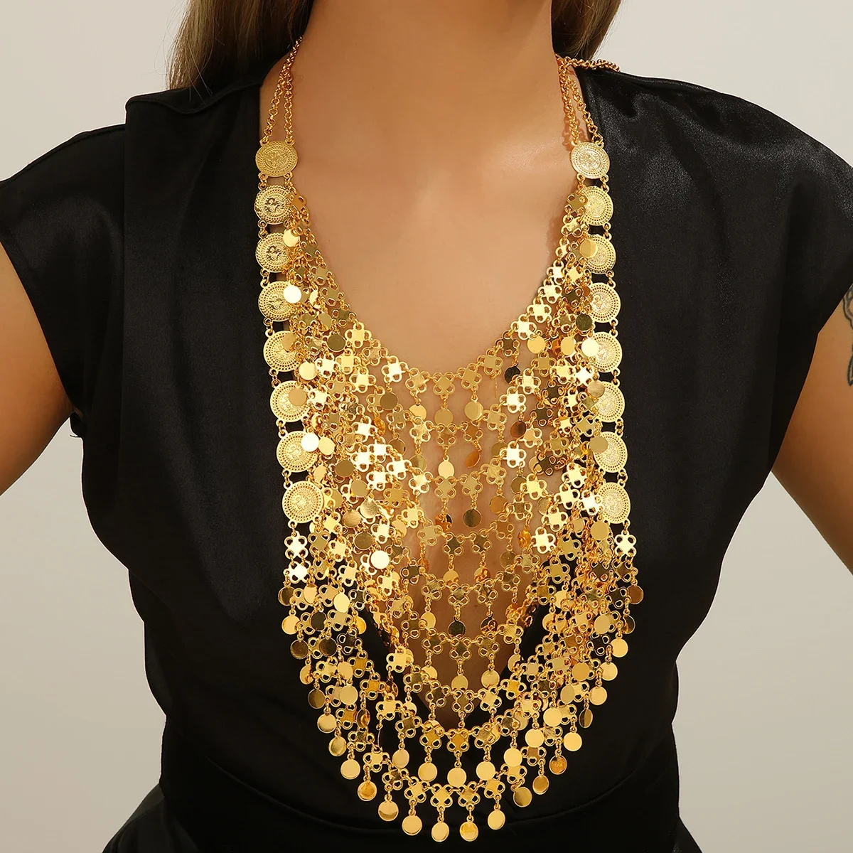 2026 Kurdish Jewelry Arabic Gold Color Multi-layer Metal Coin Tassel Statement Necklace Women's Party Accessories