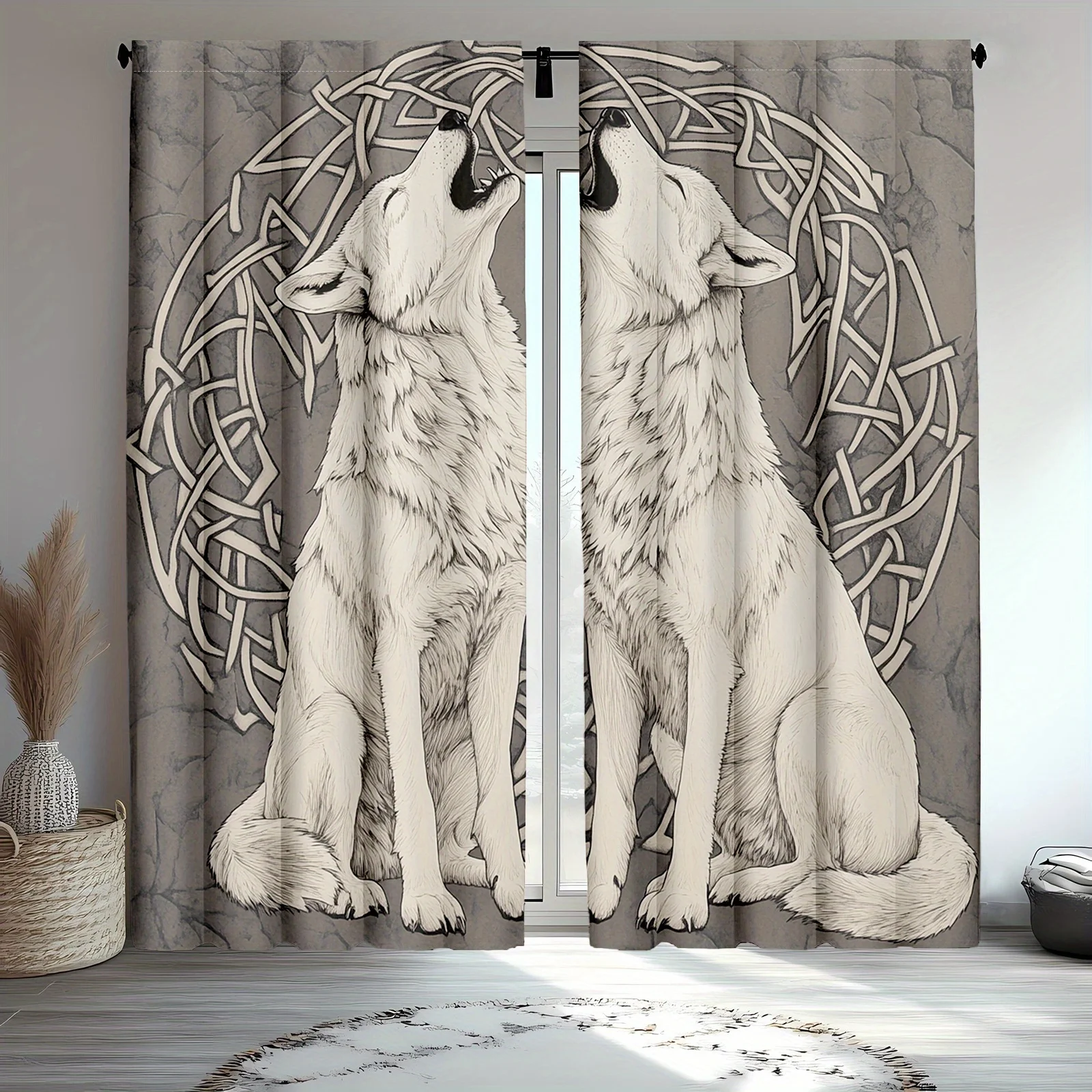 Howling Wolf Curtains Norse Celtic Knot Art Print Window Drapes Nordic Home Decor Living Room Bedroom Viking Theme Unique Design