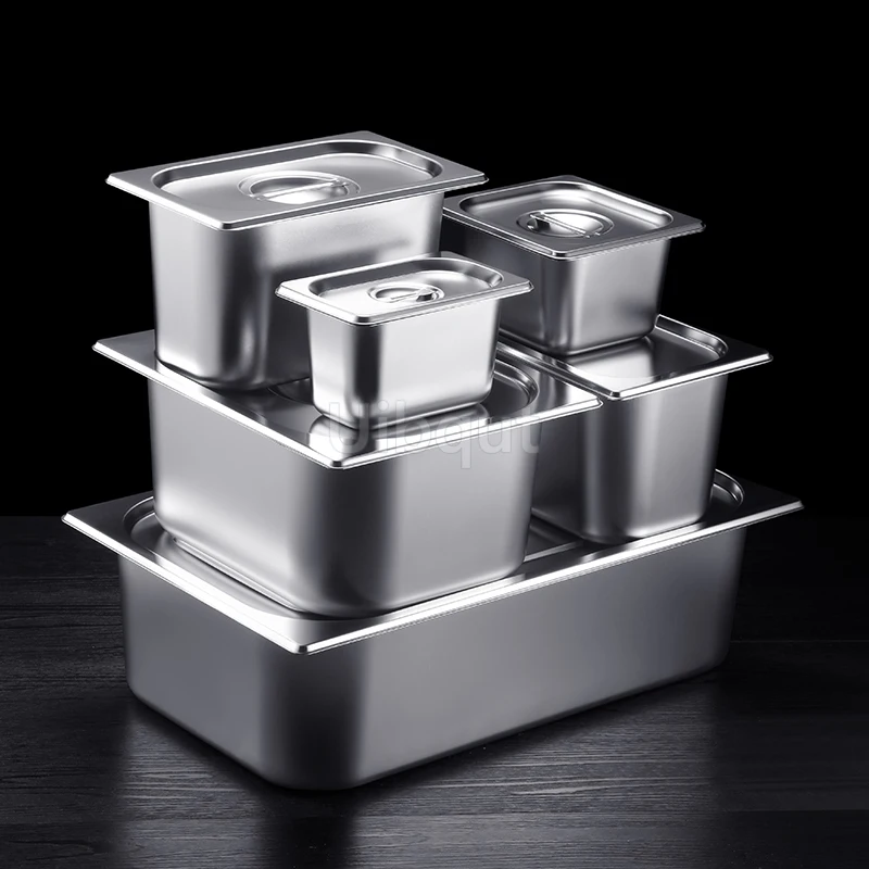 Macetas cuadradas GN Pan Cocina 304 acero inoxidable 1/9 1/6 1/4 1/3 Sartén para alimentos Sartén Buffet Gastronorm Sartén Contenedores Tapa 0,7 mm