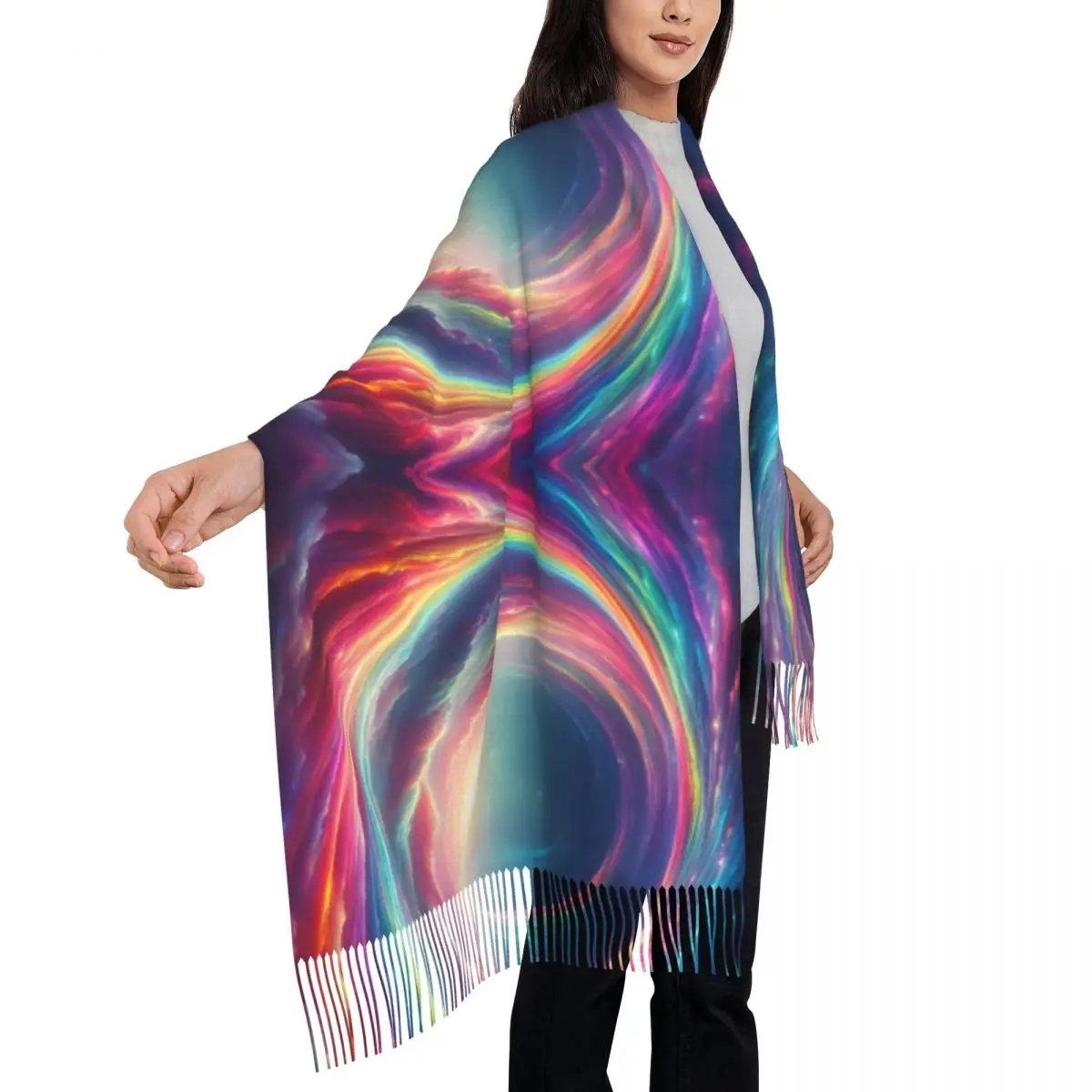 Regenbogen-geheimnisvoller magischer Schal für Damen, langer Winter- und Herbst-warmer Quastenschal, Unisex-Schals