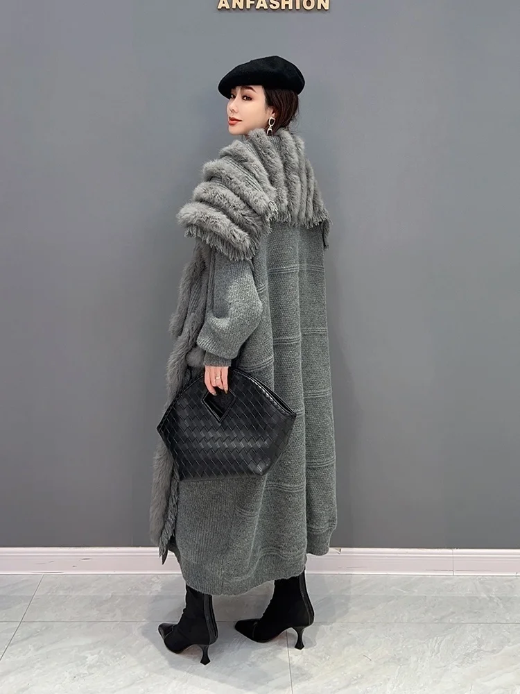 Vefadisa 2024 Winter Large Fur Collar Cardigan Coat Loose Mid-length Solid Color Thickening Plush Knitting Coat Women\'s LHX3822