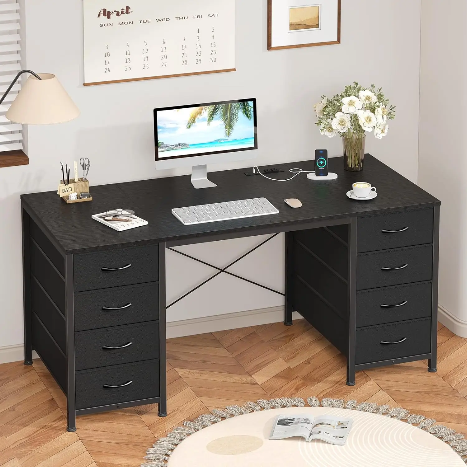 

50 Inch Computer Desk with 8 Drawers, Home Office Desk with Power Outlets, Work Study Gaming Desk with 8 Fabric Drawers, Black