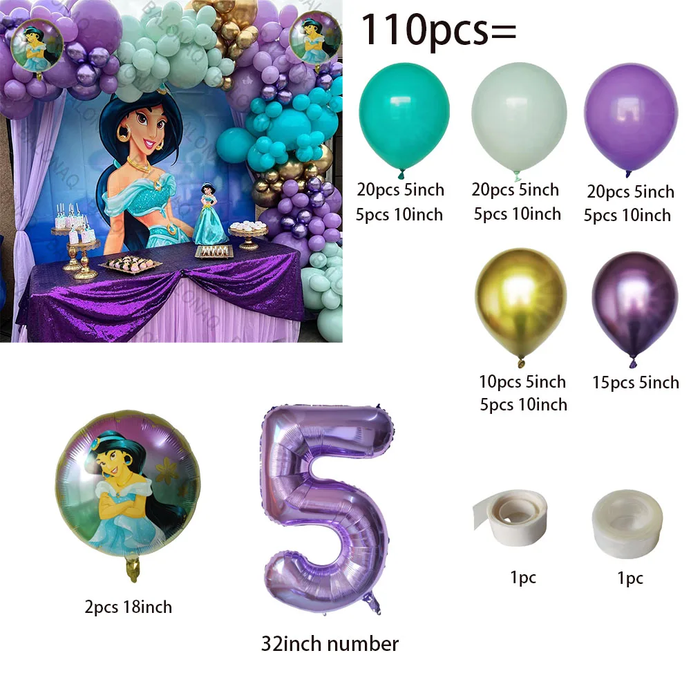 Disney Aladdin Jasmine Girl Birthday Party Foil Balloons Decoration Supplies Princess Jasmine Flags Cake Toppers Gift Kid Toys