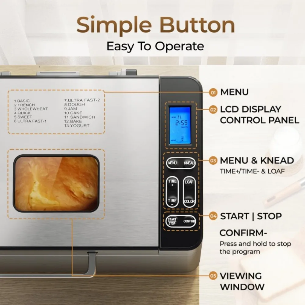 13 Program 2LB Bread Maker, Bread Machine with 3 Loaf Sizes and 3 Crust Colors, Bread Maker Machine with Fruit & Nut Dispenser