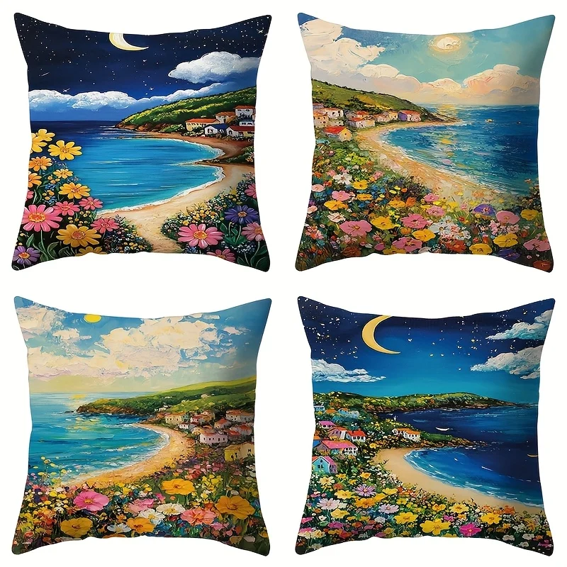 4pcs Sunrise in a Seaside Town Single-sided printing Short plush Suitable living rooms bedrooms sofas (excluding pillow cores)