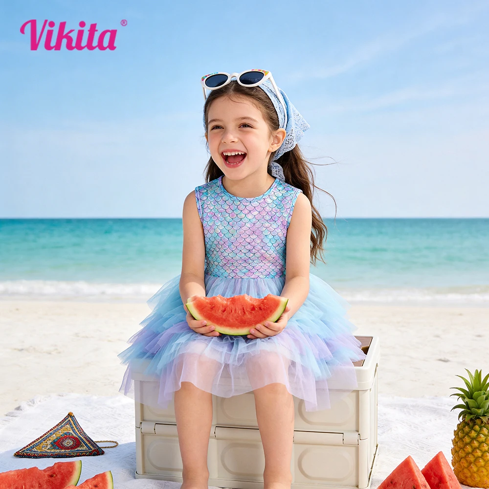 

VIKITA Girls Flare Sleeve Summer Dress Kids Mermaid Print Birthday Party Travel Beach Princess Dresses Girls Mesh Tulle Dress