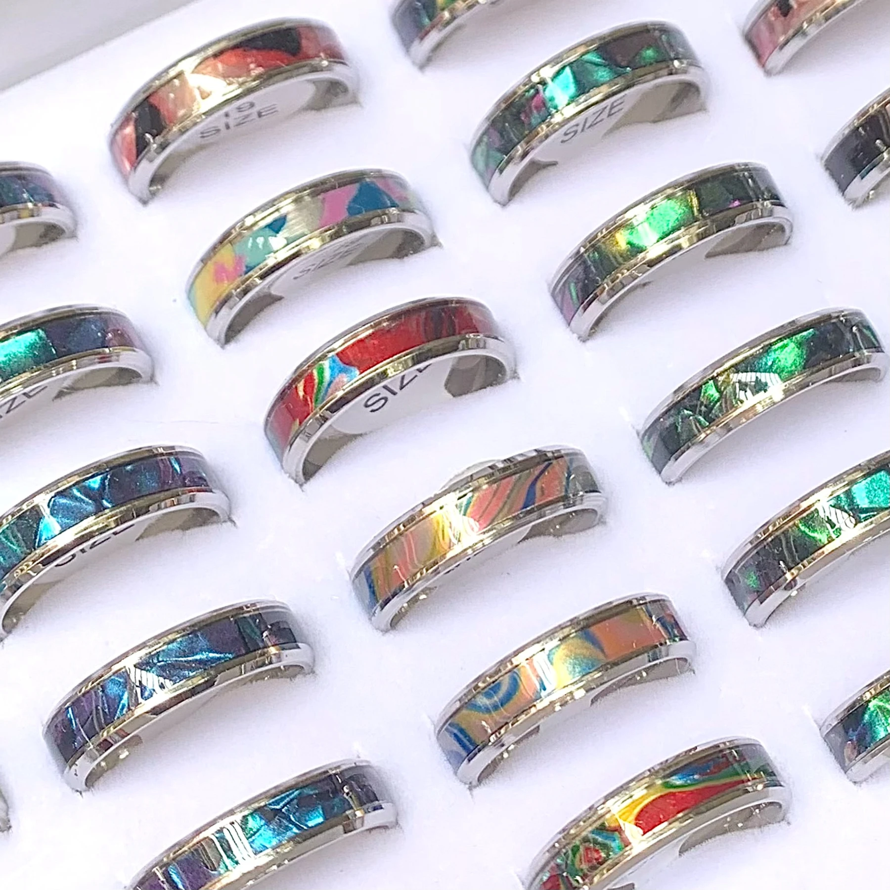 8pcs Mix Design Stainless Steel Rings For Men Women 6mm Lmitation Shell Abalone Fashion Finger Accessory Wedding Party Gift Lot