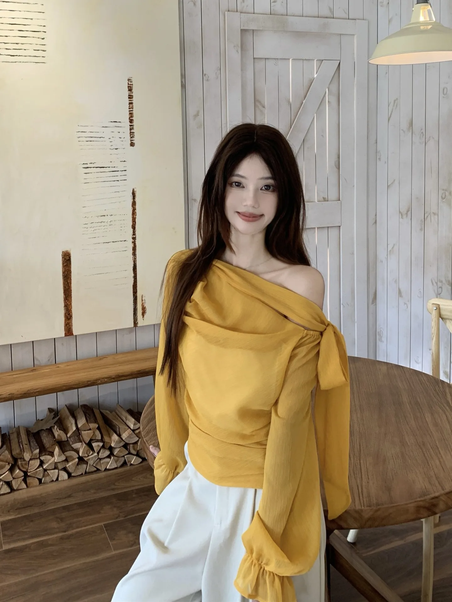 

Yellow Korean Sle Sa Long Sve Chiffon irt Women Spring Design Slimming Oblique Collar Flared Sve Small Top