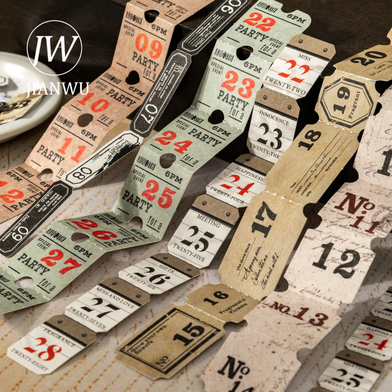Etiquetas Adhesivas Decorativas JIANWU Serie Sequence Tag, con Dígitos de Fecha Vintage, Material para Collage, Adhesivos Creativos para Diario, Papelería DIY