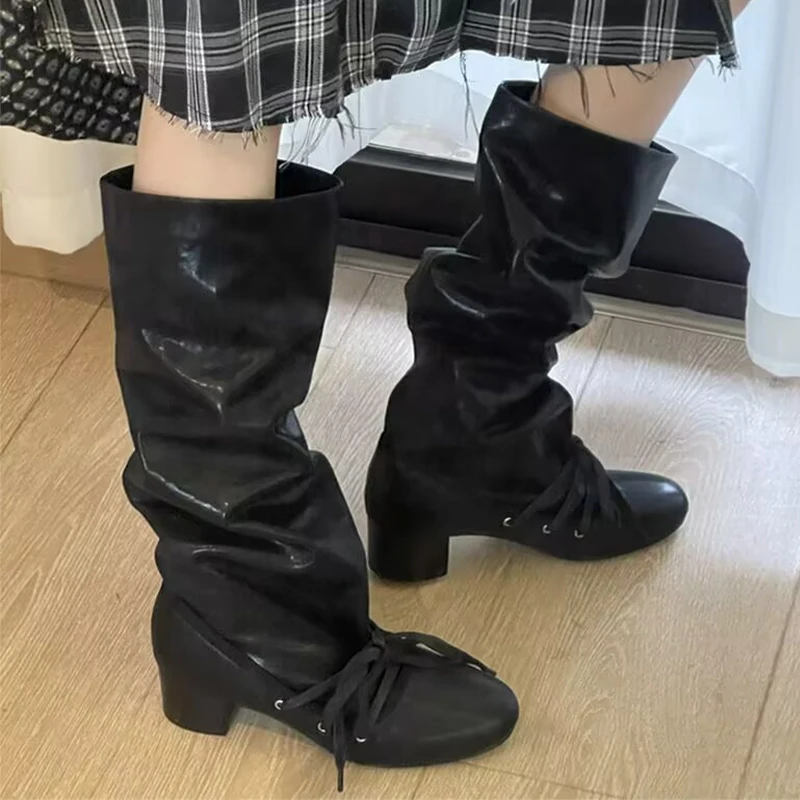 

High Heels Women's Long Boots Lace Up Mid Calf Designer Shoes Fashion Woman Pumps 2025 Winter Gladiator Goth Chelsea Boots Mujer